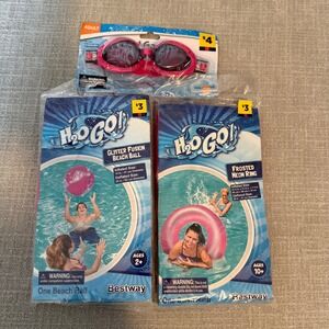 Inflatable Pool Toy Bundle Beach Ball Swim Ring Goggles Pink Bestway H2O GO!